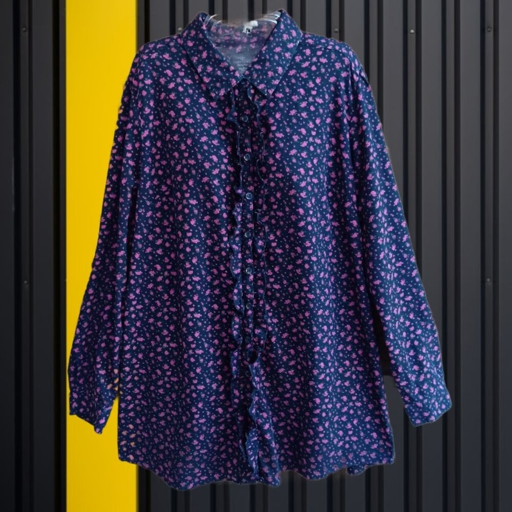 Faded Glory Womens Top Blouse Button Front Long Sleeves Roll Tab Ruffles Size 20